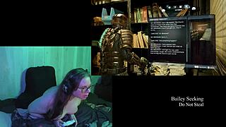 Naked brunette plays deadspace with big tits