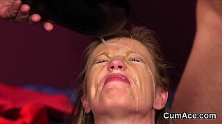 unusual hottie gets cum shot on face, gulping all the love juice!