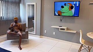 two brothers in threesome with brunette friend, blowjob and cum