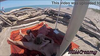 Exhibitionist Teacher Handjobs Big Cock on Beach