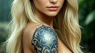 Blonde teen with big tits and tattoos poses naked beautifully.