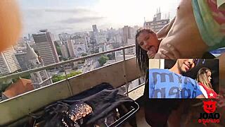 Couple fucking on balcony, I join in