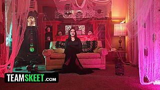 whitney wright in halloween costume riding cowgirl on sofa with rough muff diving