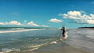 Wife Plays Nude Football on Public Clothed Beach