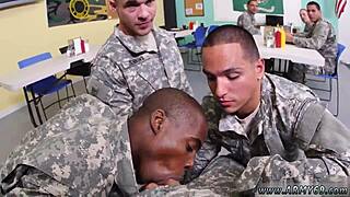 Young gays have fun in anal sex with a strict drill sergeant outdoors.