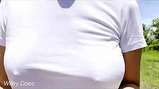 Hot MILF flashing big tits in wet crop top for public dare