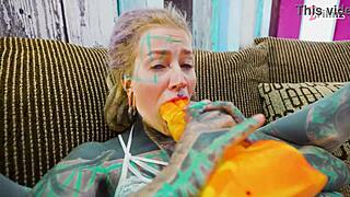 Cute tattooed girl in lingerie gaping her asshole wide fucking herself with big toy anal prolapse