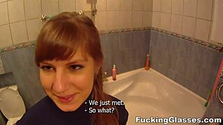 Wannabe model Alice, teen 18+, gets drilled hard in glasses. Redhead coed takes it all!