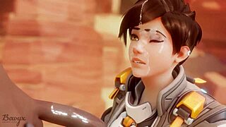 Tracer has a steamy make out and blowjob with a black cock in this fan made video.