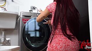 Petite redhead stuck in washer gets anal from uncle