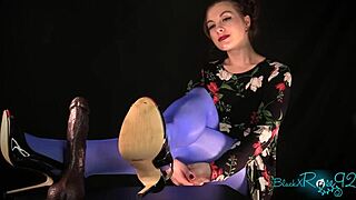 Wife In High Heels Pantyhose Strips To Barefoot For Footjob With Dildo And Ripped Clothes