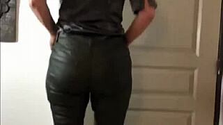 French Amateur In Leather Pants Satin Lingerie Bra Thong Garter Belt Heels Stockings Exhibitionism Pov