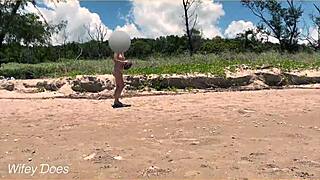 Exhibitionist Wife Flashes Pussy During Nude Football On Public Beach