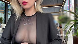 I flashed my tits in a see-through t-shirt at the cafe. Everyone outside saw through the glass walls!
