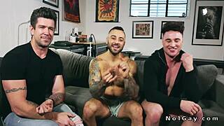 tattooed muscle guy shares intimate moments with pal in relaxed setting