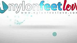 Hot brunette shows nylon feet on street!