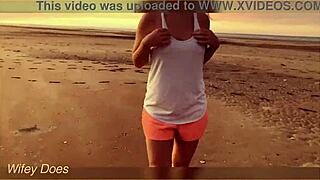 Amateur exhibitionists flash big tits and ass in public at sunset