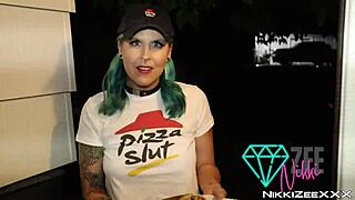 Pizza slut delivers cock in interracial cowgirl ride