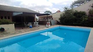 poolside fun with a tasty finish in her mouth