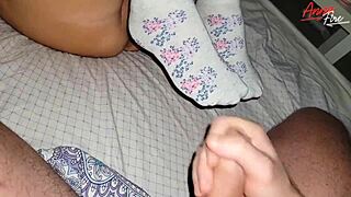 Footjob in white socks cum on socks