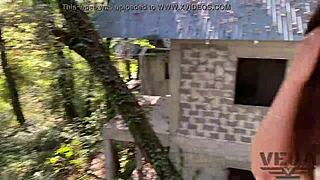 A whore gets lost in the forest and three strangers fill all her holes with cum.