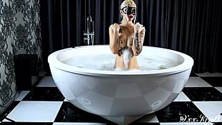 Big bubble bath with busty supermodel and couple.