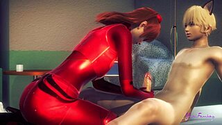 in evangelion, asuka the femboy swallows cum in sissy threesome