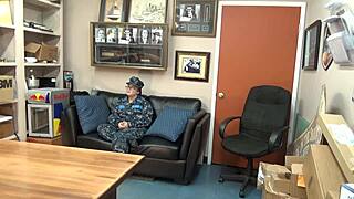 Violet Navy gives blowjob on sofa during casting.