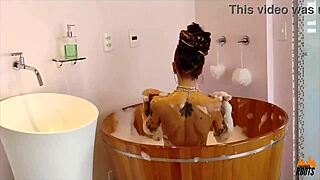 brazilian model with tattoo in ofuro during photo shoot