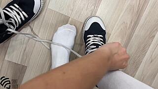 Brunette Milf's Footfetish In Sneakers And Socks