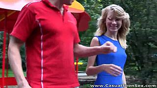 BLONDE MARINA BENDS OVER FOR INTENSE FUCKING in casual teen porn with shaved pussy.