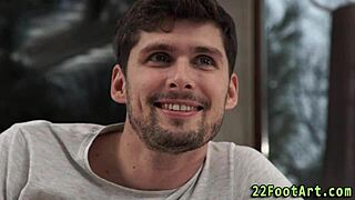 The redheaded babe skillfully gives a footjob, leading to a massive cumshot