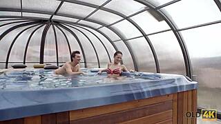 Angie Moon, the young girl, takes cum in mouth from her old daddy lover