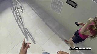 Broke teen shifts from payphone to sucking cock in public POV action.