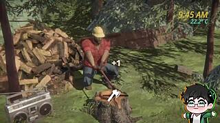 In the forest, a lumberjack strips during the Logjam 12 Days of Yaoi season 2 episode 9.