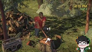 In the forest, a lumberjack strips during the Logjam 12 Days of Yaoi season 2 episode 9.