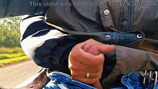 naughty hotwife jerked off on the road till cum almost caught