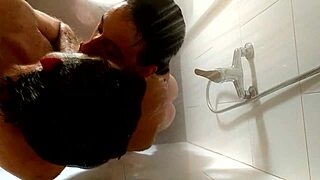 Blonde amateur blows big cock in shower, bent over for cum.