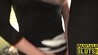 Submissive cutie in stockings endures rough spanking and riding from dominant male in tuxedo, leading to cum on her bound tits