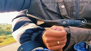 naughty hotwife jerked off on the road till cum almost caught