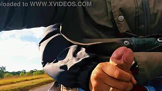 naughty hotwife jerked off on the road till cum almost caught