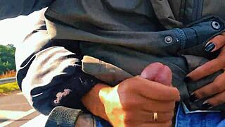 naughty hotwife jerked off on the road till cum almost caught