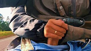 naughty hotwife jerked off on the road till cum almost caught