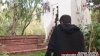 Skinny military gay teen bangs student anal in forest. Outdoor European roleplay with monster cock action.