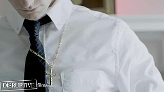 conflicted christian twink trevor harris explores first gay sex with older pierce paris.