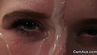 slutty babe eats all the cum from her facial bukkake