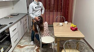 Russian girlfriend sucks huge cock in kitchen? Then fucks and gets cum on ass!