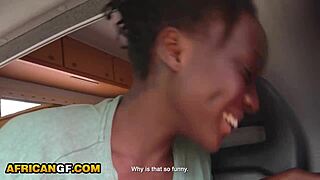 pov black girlfriend with hard nipples gives road head