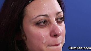 Nasty babe gets cum shot on face swallowing every drop