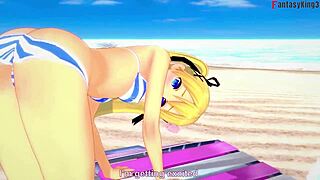 i enjoy marie rose in her bikini on the beach in this anime fantasy